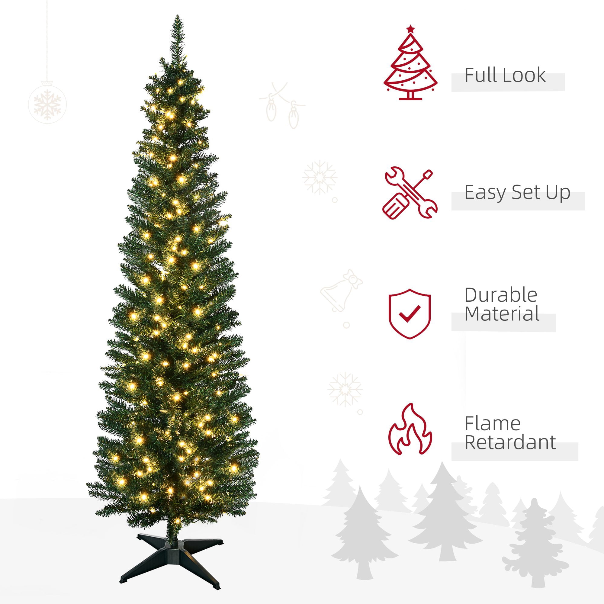 6 ft Pre-Lit Slim Artificial Pencil Christmas Tree with 200 Warm White LED Lights and 390 Tips, Indoor Holiday Decoration