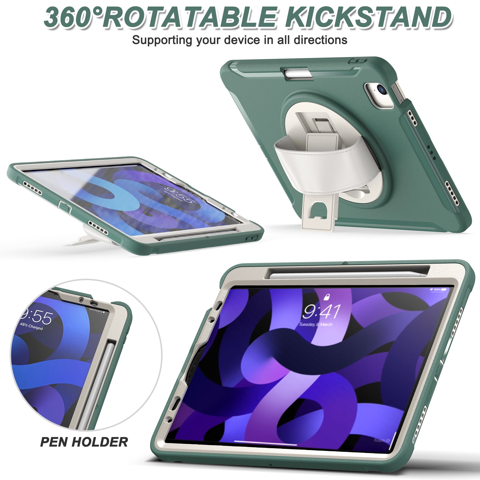 For iPad Air 11 Inch 2026/2025/2024 Case with Pencil Holder, Military Grade Shockproof Kickstand Handle Strap Anti-Scratch Kids Friendly Bumper Tablet Case Cover for Apple iPad Air 11" M4 M3 M2