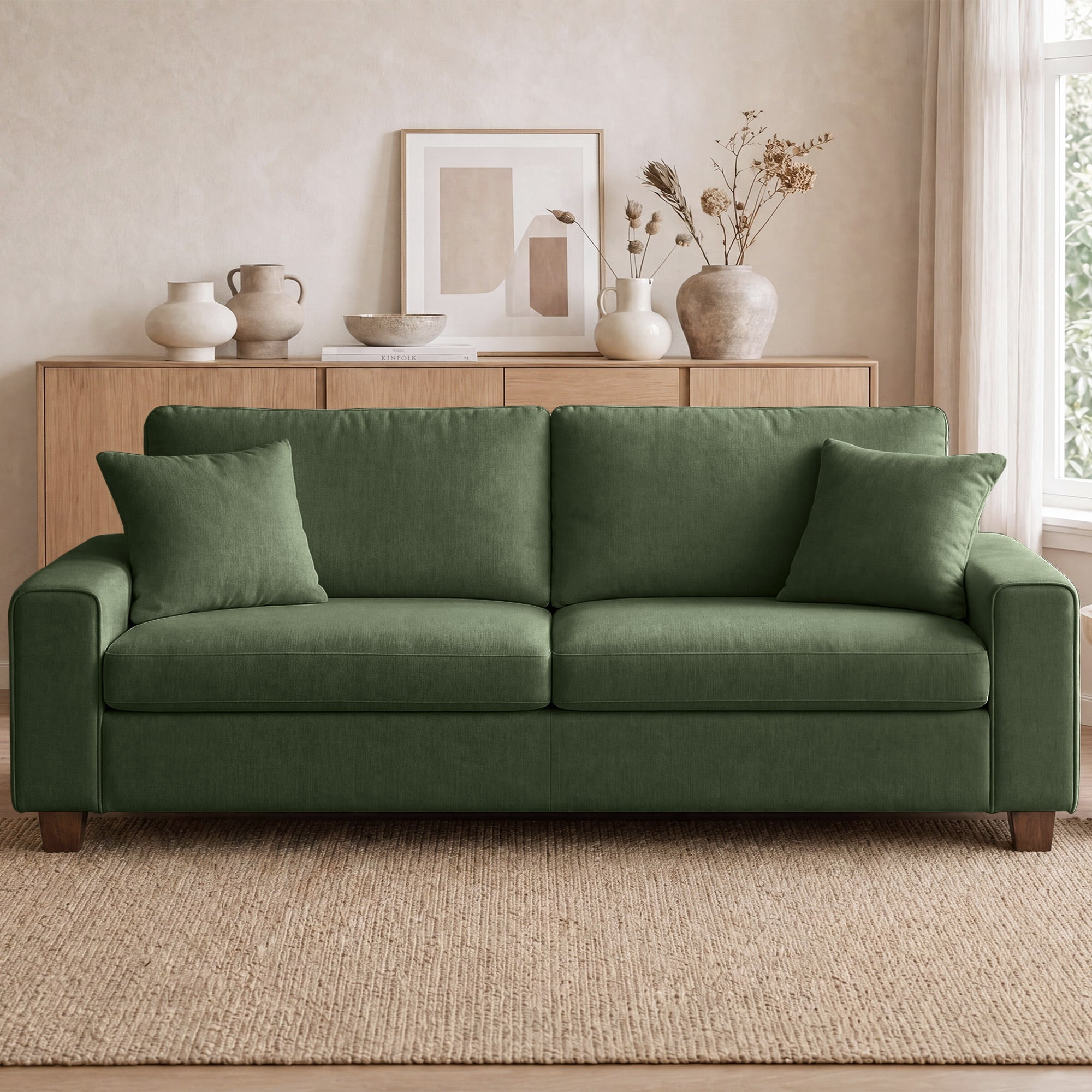 Poshby 88.58''W 3 Seater Sofa Couch with Chenille, Modern Square Arm for Living Room, Light Green