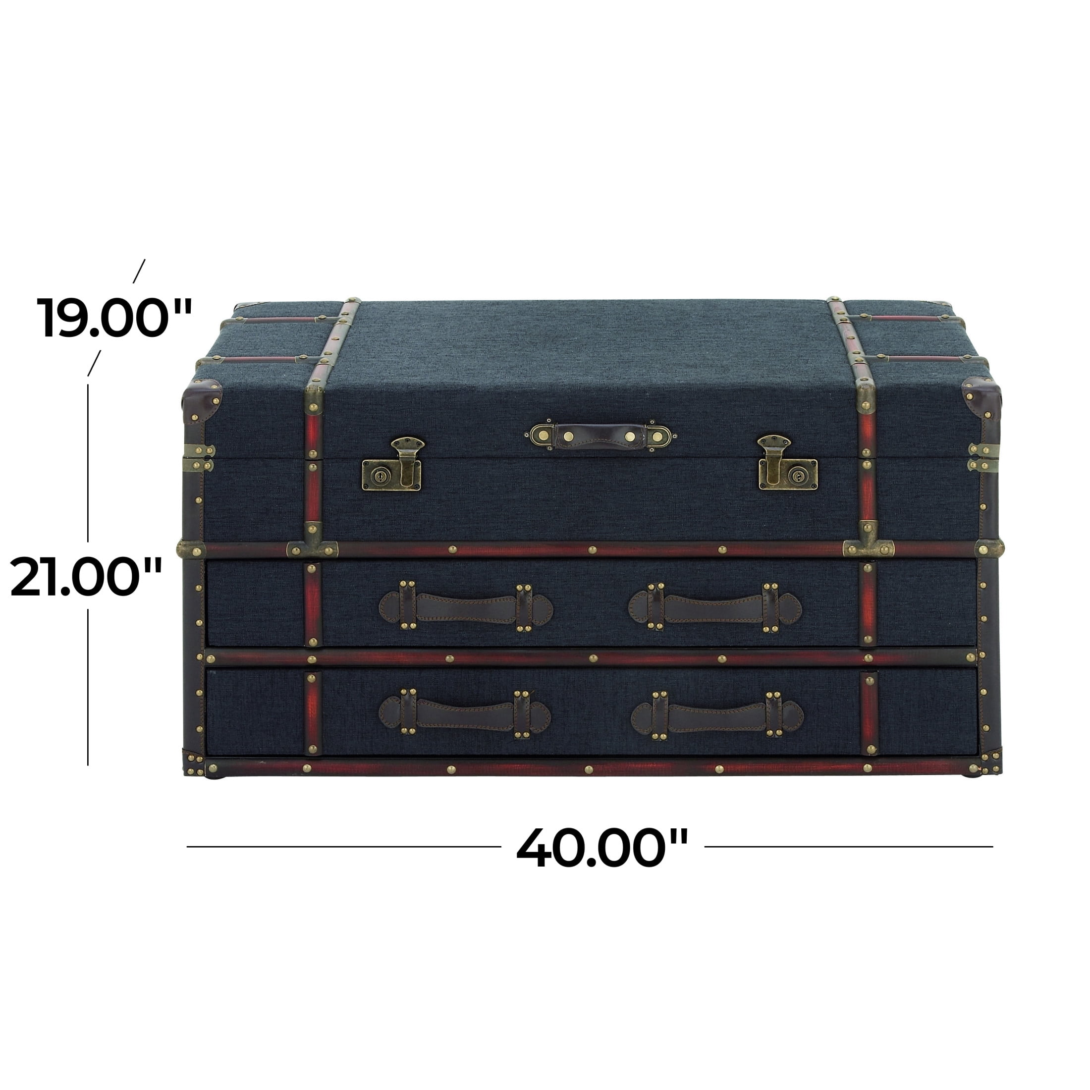 DecMode 40" x 21" Dark Blue Linen Fabric Upholstered Trunk 2 Drawer Coffee Table with Buckle Hinged Top, 1-Piece