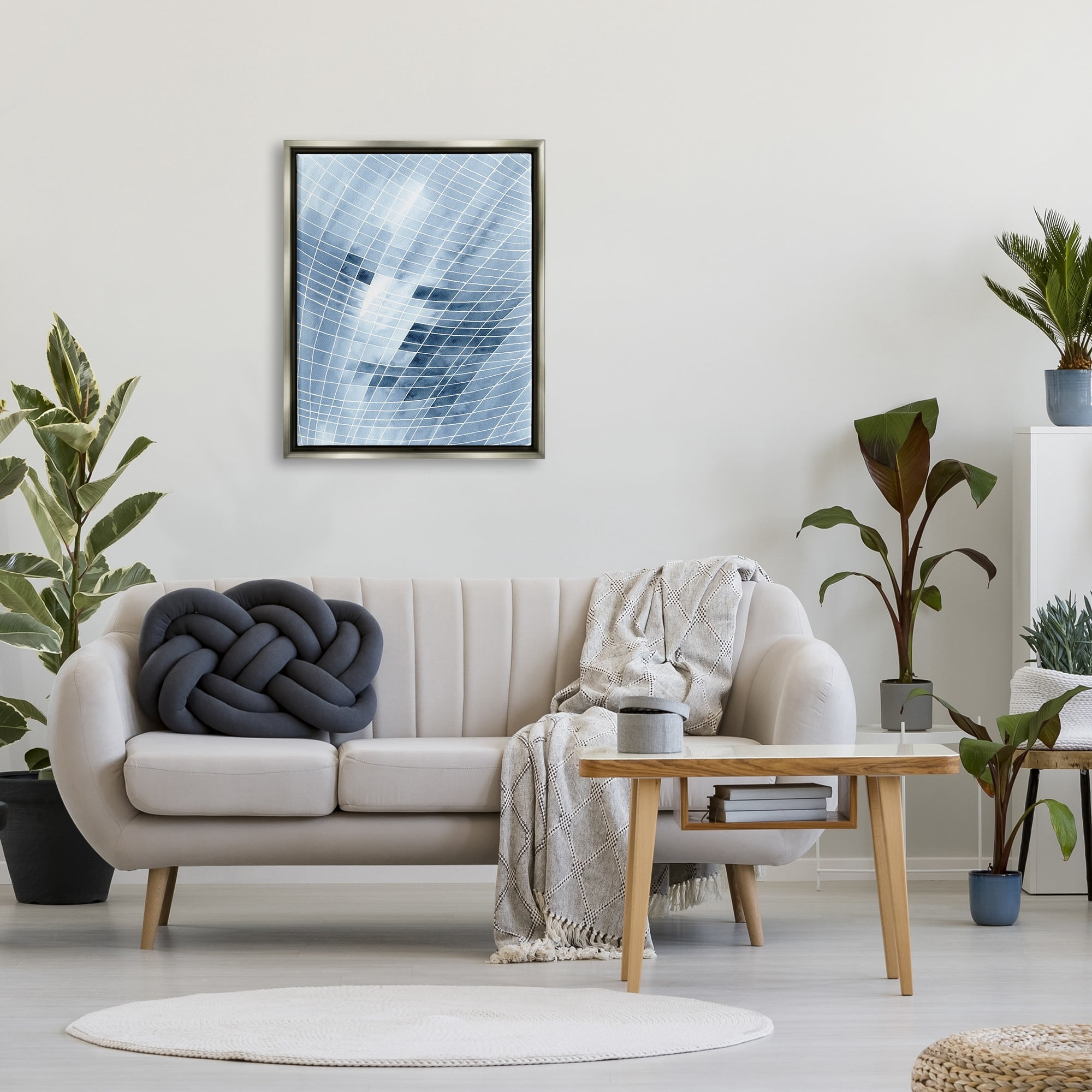 Stupell Industries Modern Warped Blue Square Shapes White Lines Painting Luster Gray Floating Framed Canvas Print Wall Art, Design by Regina Moore