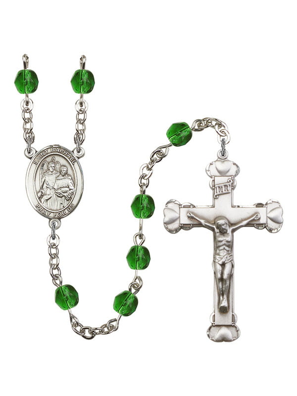The charm features a St Raphael the Archangel medal. The Crucifix measures 5/8 x 1/4 Silver Plate Rosary Bracelet features 6mm Pink Fire Polished beads 