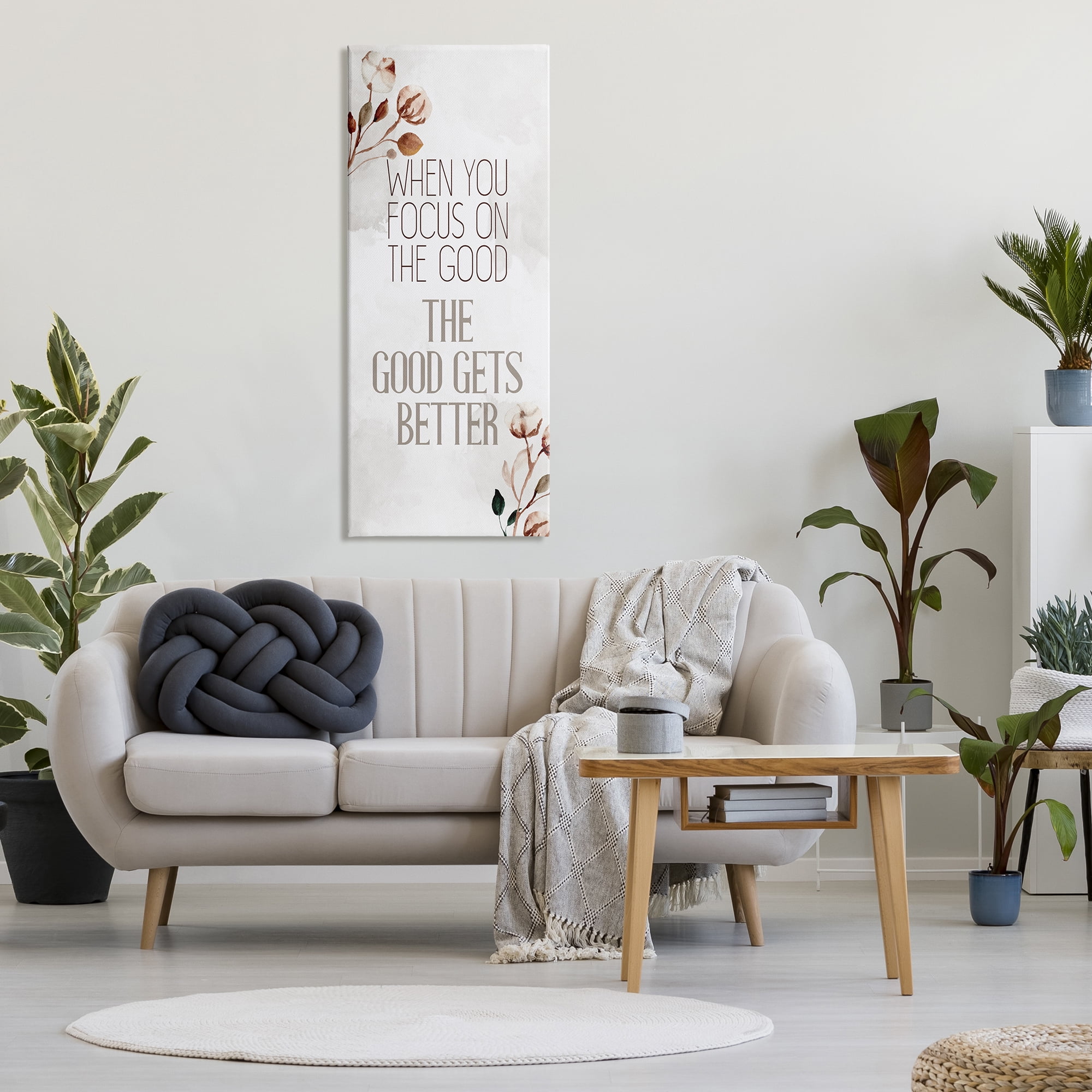 Stupell Industries Focus on the Good Phrase Soft Country Cotton Florals Modern Painting Gallery-Wrapped Canvas Print Wall Art, 20 x 48, Design by Kim Allen