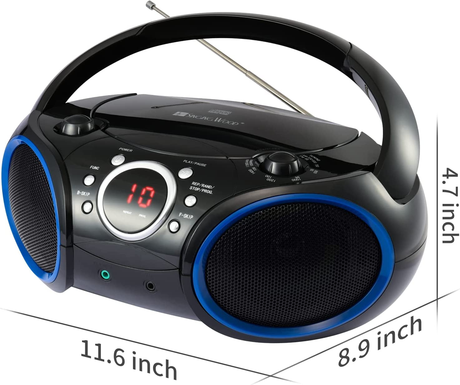 singing wood SBX030C Portable CD Boombox with AM FM Stereo, Aux Input, Headphone Jack, AC/Battery Powered, Blue