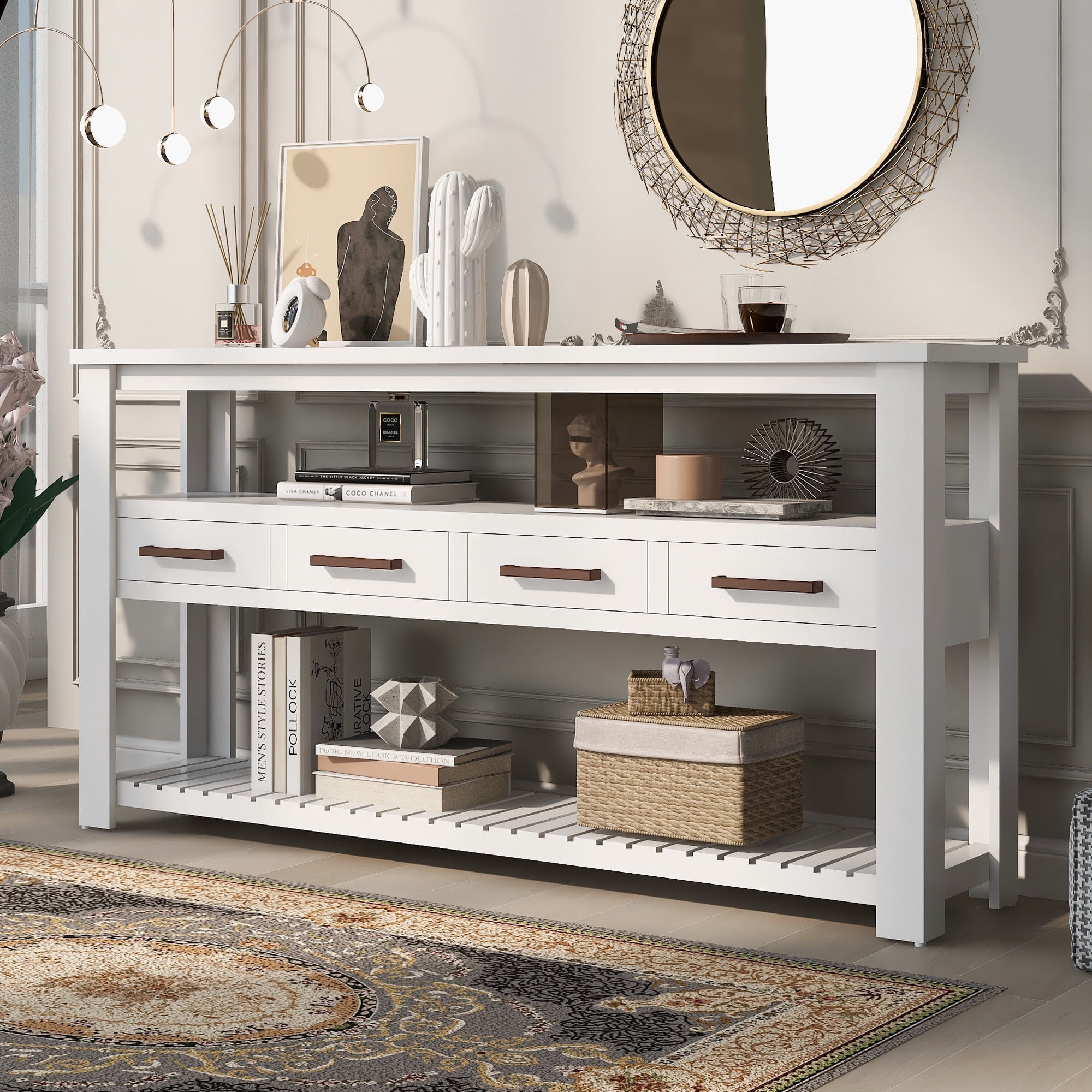 Harper & Bright Designs Rustic Console Table with Drawer, Long Sofa Table Entryway Table with Shelf, Entrance Table for Entryway Hallway Living Room, White 62.2''