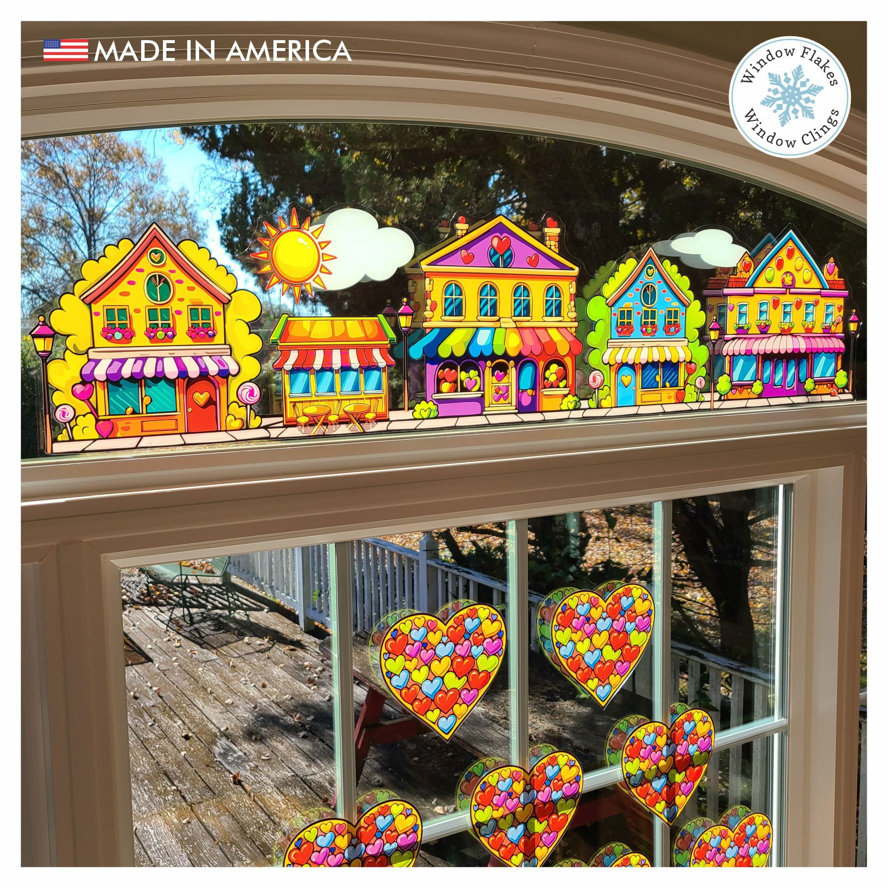 46" Valentine Street Scene Border Window Cling Decal. Part of the Rainbow Colors Candyland Bubblegum Collection. Made in America.