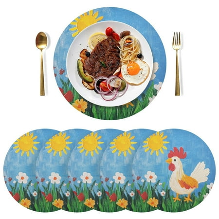 

Round Placemats Plate Mats 15 Inch Non-Slip Heat Resistant Washable PVC Set Table Decoration for Kitchen Dining Cute Rooster