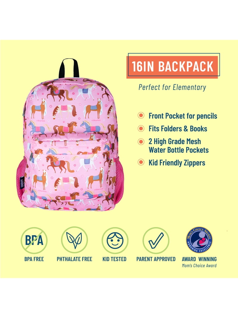 Wildkin Kids Full Size 16 Inch School Bookbag, Mesh Pockets, Cute Design,  Padded Back & Adjustable Straps (Horses Pink) - Walmart.com