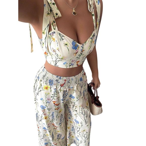 Women's 2 Piece Set Outfits - Camisole Top & Wide Leg Pants White S