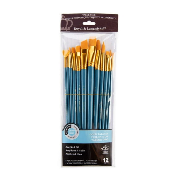 Royal Brush Zip N' Close 12-Brush Set, Golden Taklon, Long Handle, Filbert