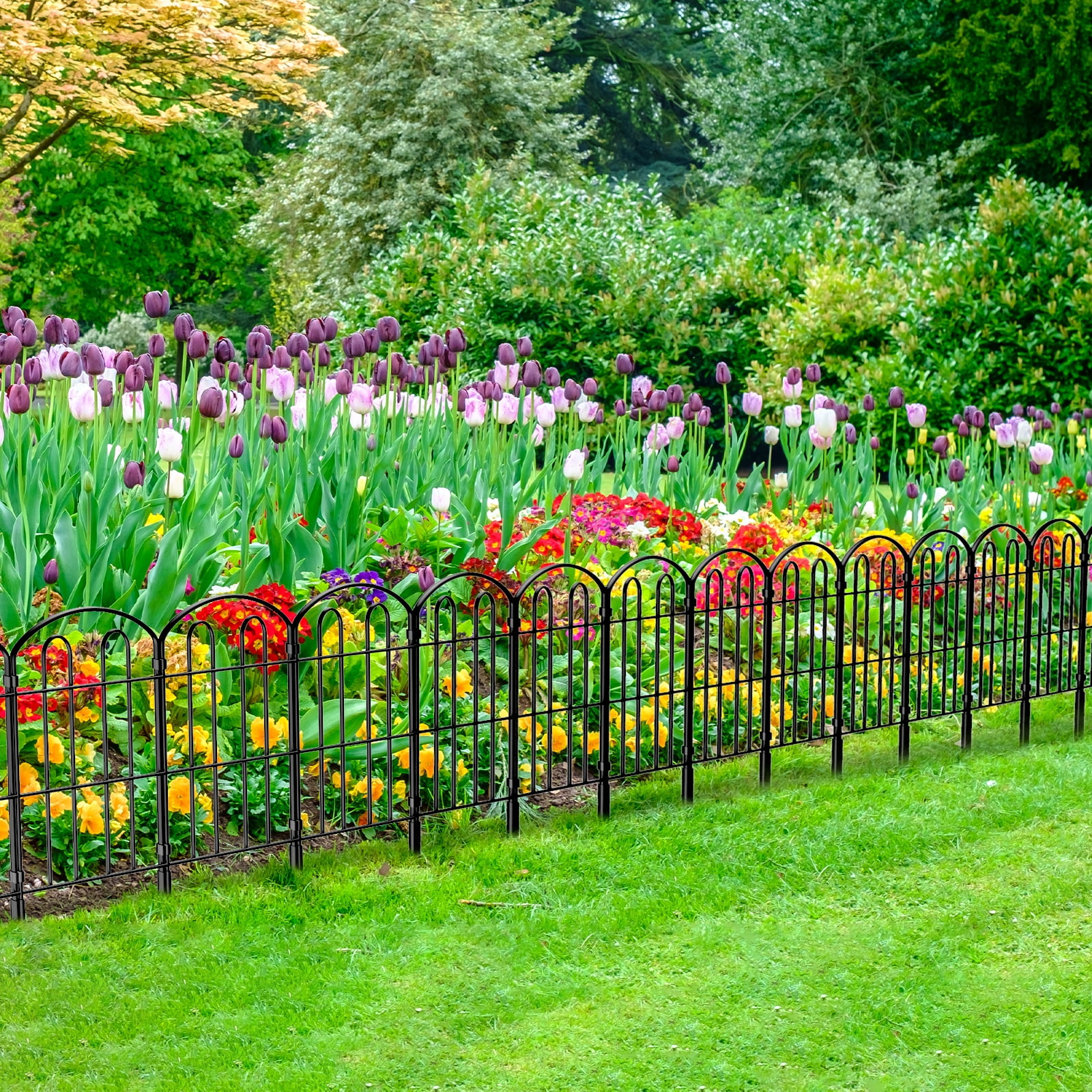 28-Pack Decorative Garden Fence – Double-Arc Metal Border, Rustproof Animal Barrier for Yard, Flower Bed, Patio (Black)