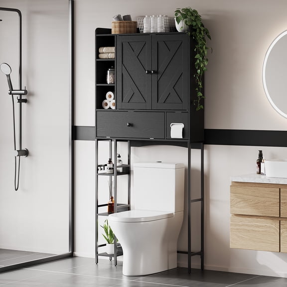 Anoncndin Space-Saving Over-the-Toilet Storage Rack, Freestanding Bathroom Organizer with MDF Shelves & Steel Frame, Multi-Tier Toilet Shelf for Towels & Toiletries - Black