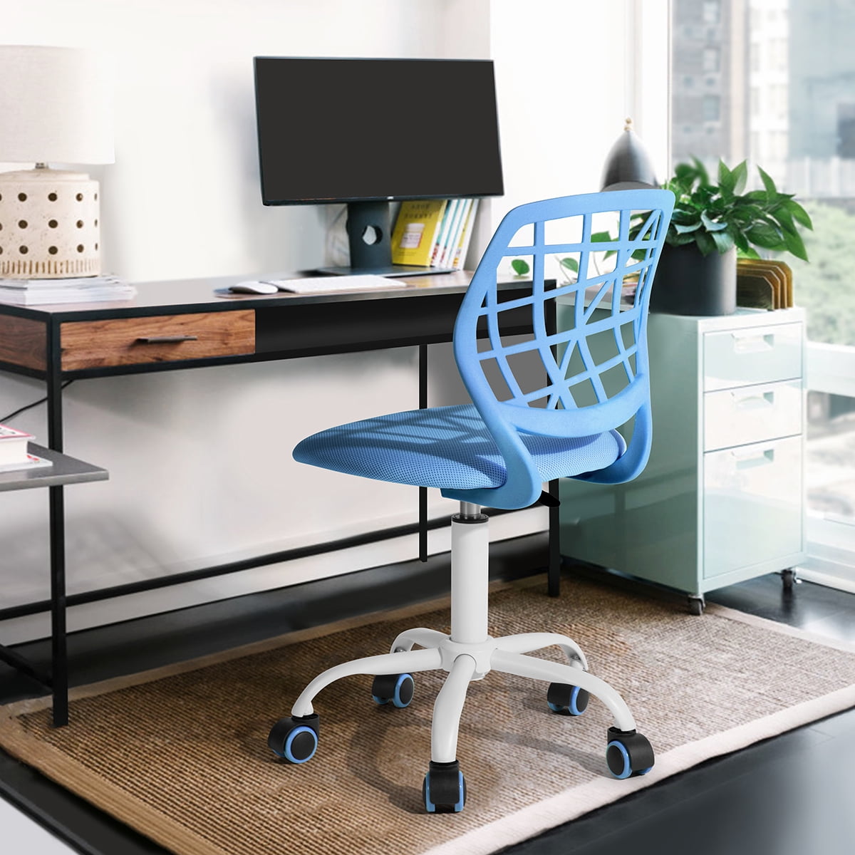 Armless Task Chair for Teens Girls, 360° Swivel Height Adjustable Desk Chair, PP Mesh Back Fabric Seat with Rolling Casters for Study Bedroom Vanity