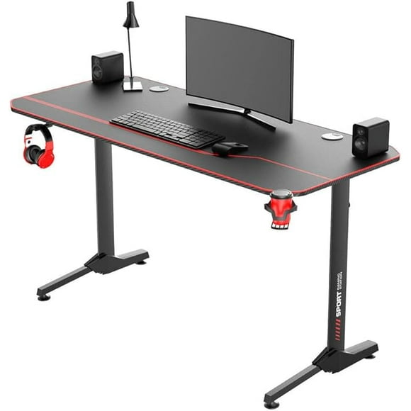 55 inch Ergonomic PC Gaming Computer Desk with Cup Holder and Headphone Hook, T-Shape Writing Table Gamer Desk for Home Office