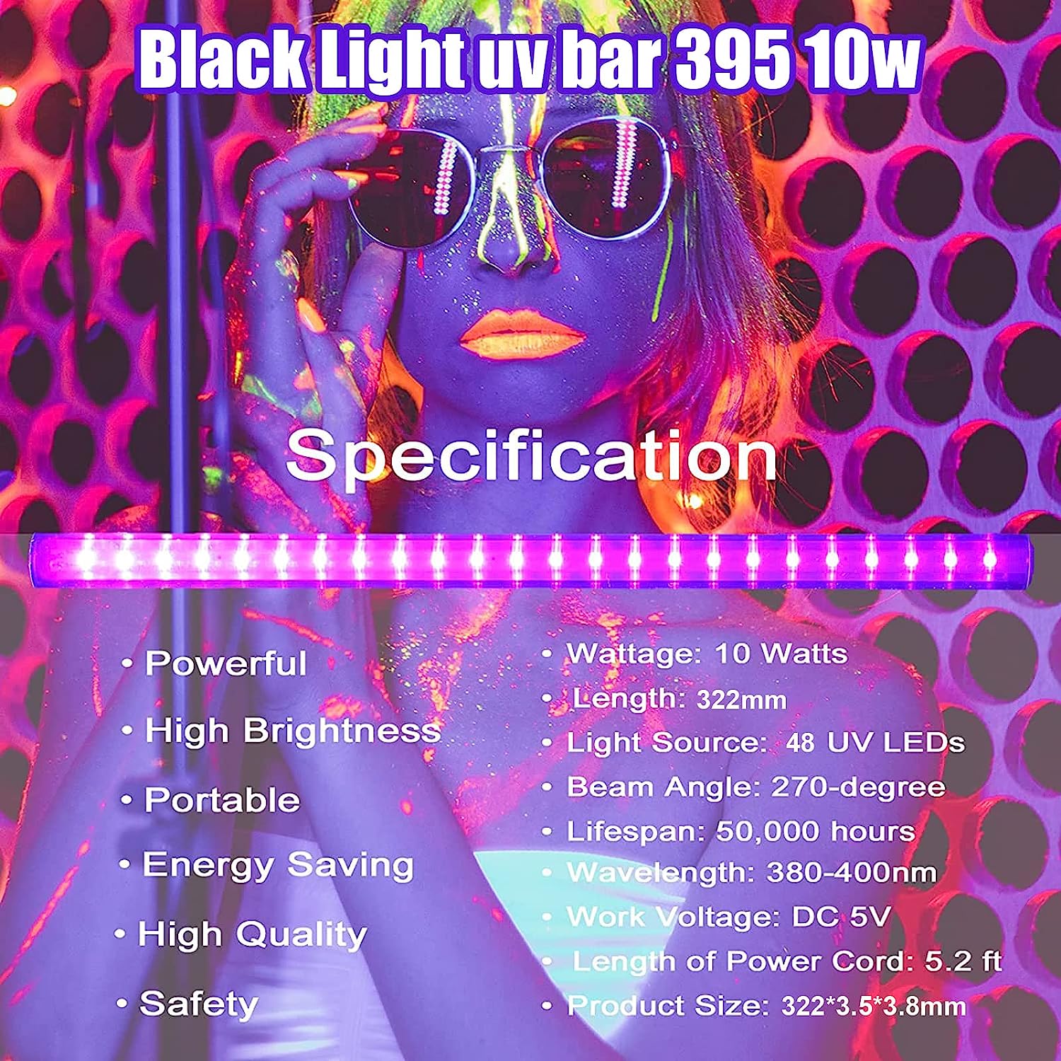 LED UV Blacklight Bar – Party DJ Club Fluorescent Strip Light, Manual Control