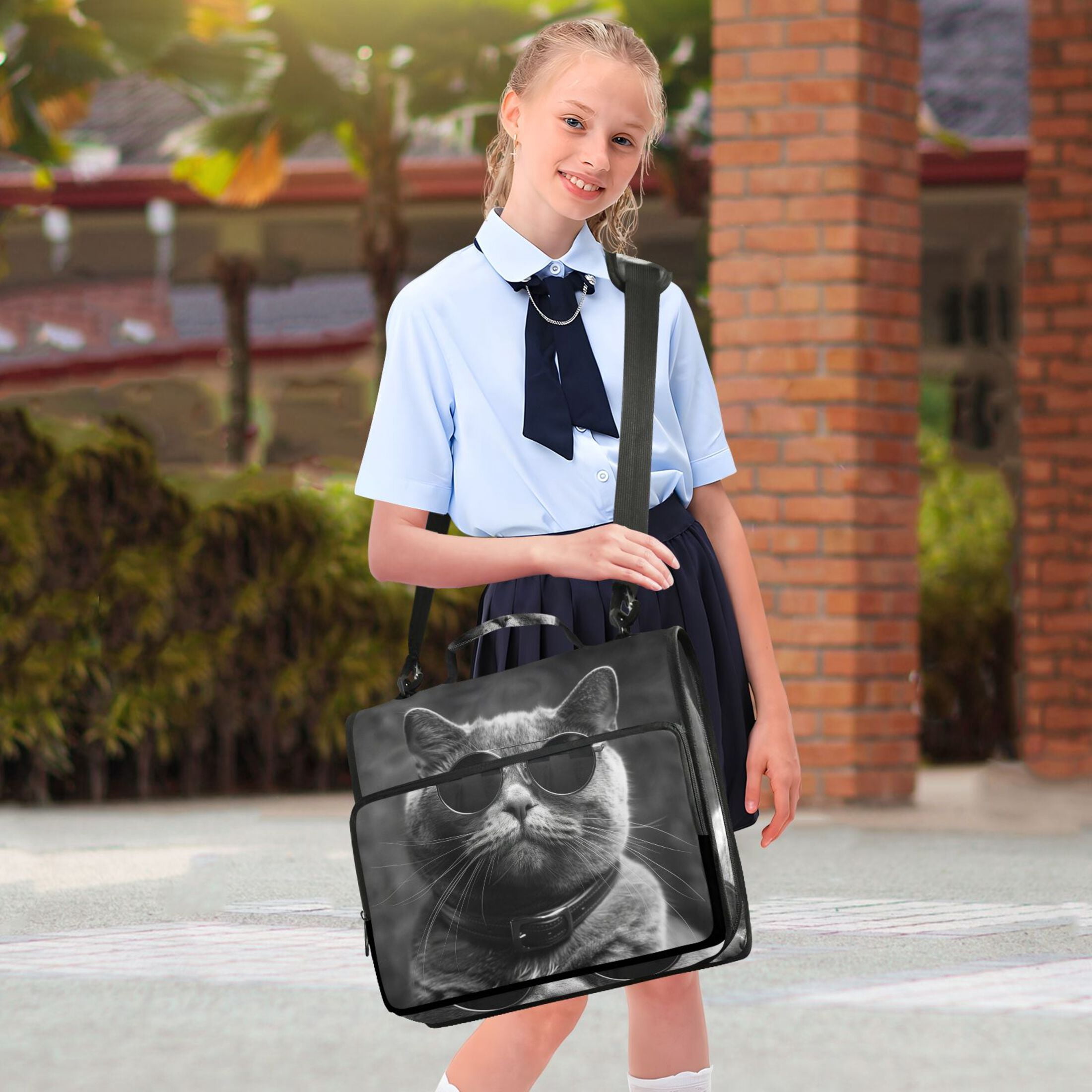 3 Ring Zipper Binder with Shoulder Strap Waterproof Trapper Keeper 1.5 Inch D-Ring 500 Sheets Capacity Cat with Glasses