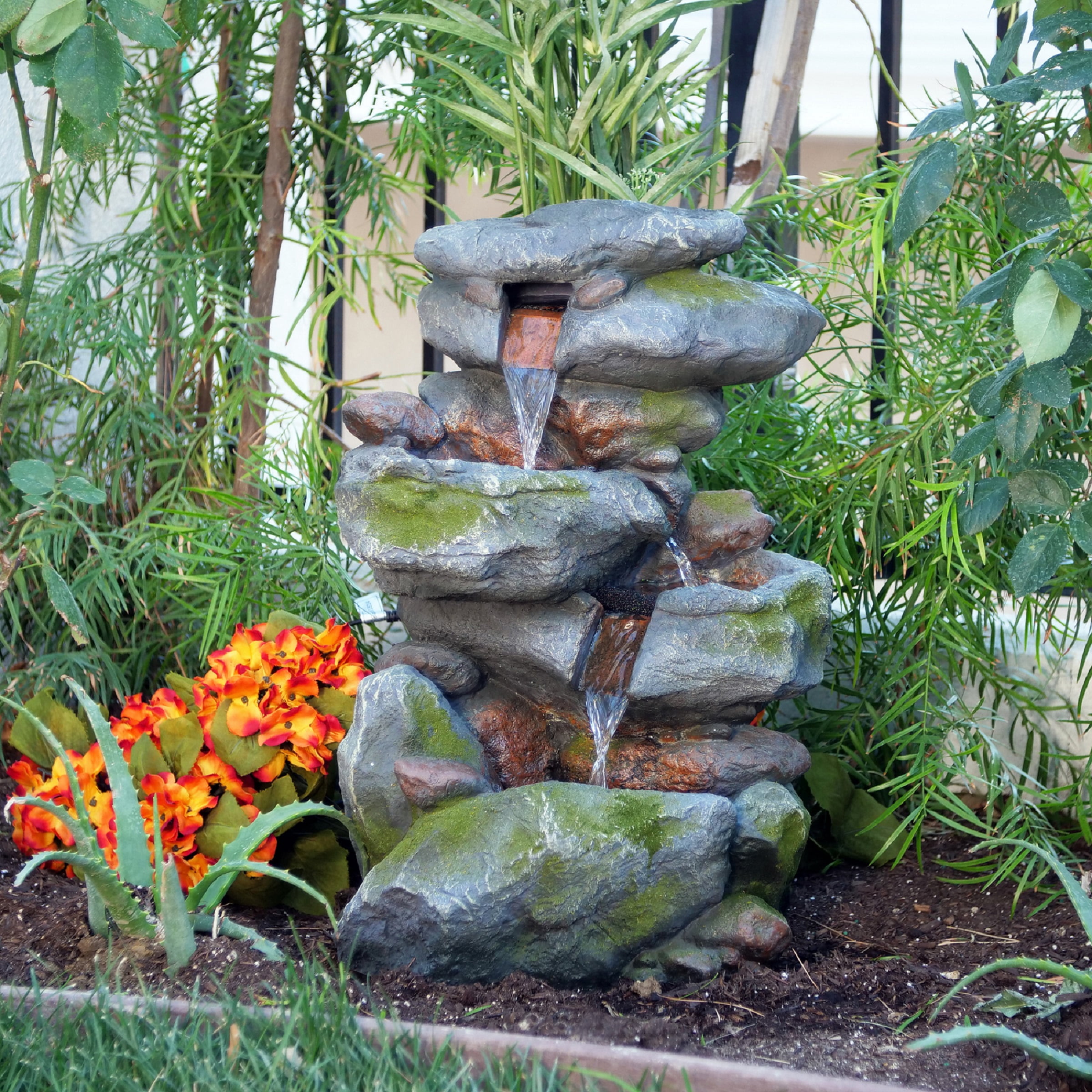 Outdoor Fountain with LED Lights Stacked Stone 3 Tiered Bowls Home Garden Ponds 