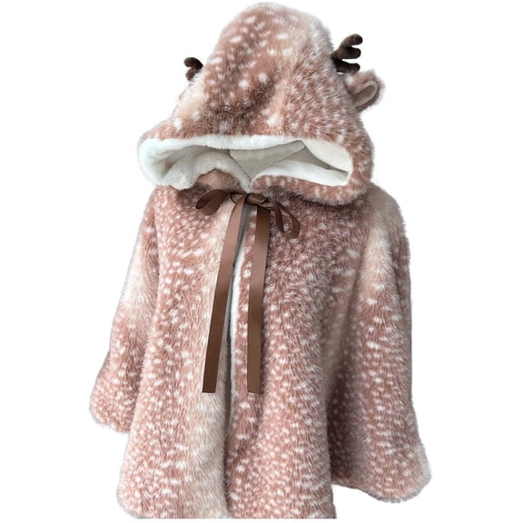 Women's Cute Deer Print Faux Fur Shawl,Soft Comfortable Hooded Cardigan Cloak,Winter Warm Knitted Shawl Coat