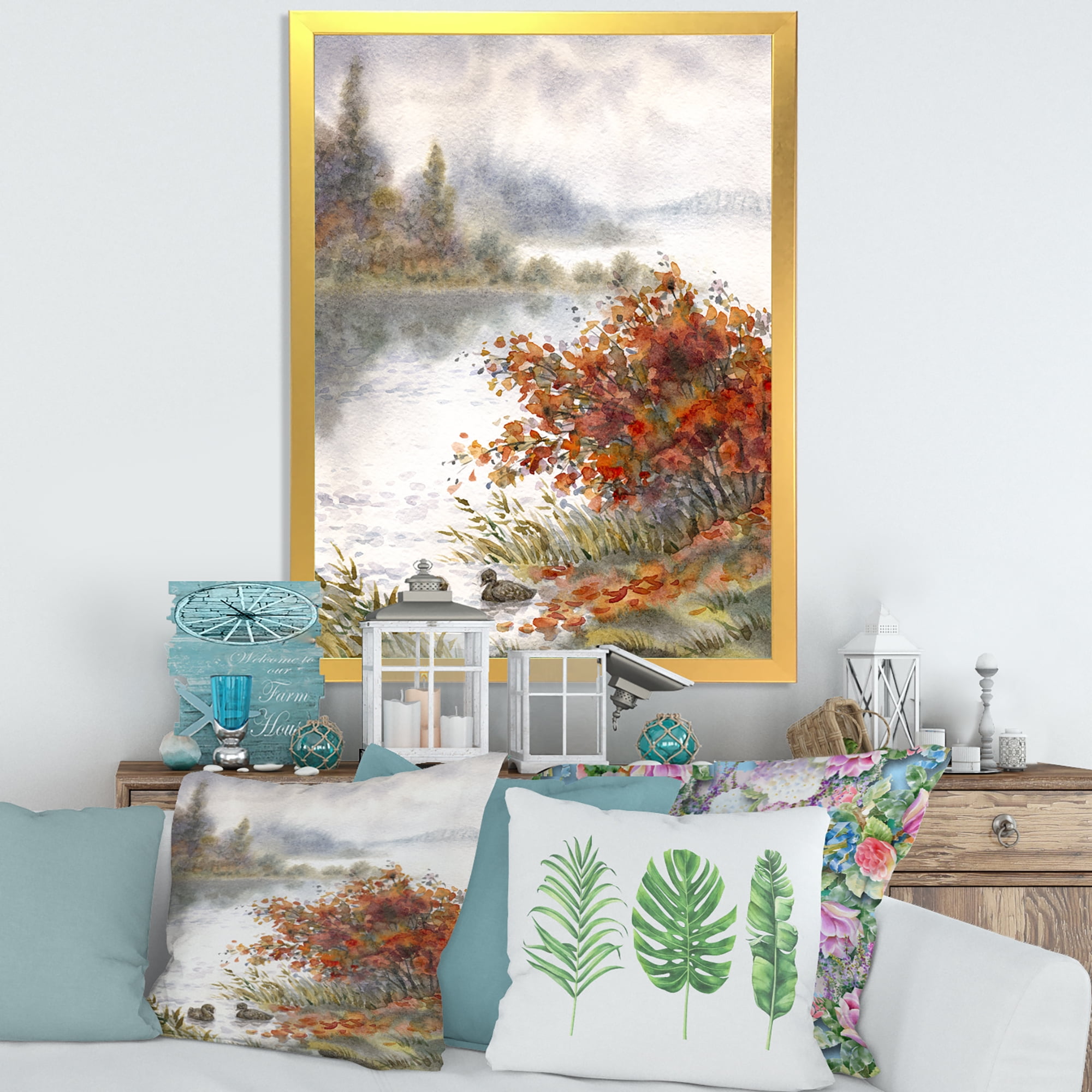 Designart 'View Of The Lake In Autumn Colored' Traditional Framed Art Print