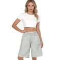 thumbnail image 6 of Womens Bermuda Jean Shorts Elastic Waisted Long Denim Short Knee Length Baggy Jeans Soft Cotton Blend for All Day Comfort. Beige L, 6 of 9