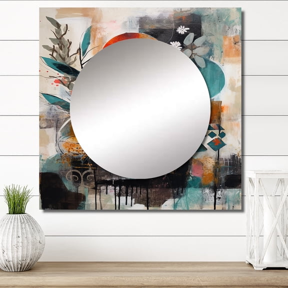 Designart "Artistic Liberation in Green and Orange" Boho Feather Square Mirror Wall Decor Traditional - Large Green Square Bathroom Mirror - Square Printed Wall Mirror Art