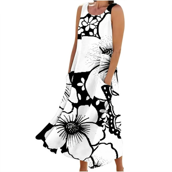 SEMPAI Summer Dresses Dresses Sleeveless Crew Neck Print Long Summerdresses Loose Flowy for Easter Women's Plus Dresses