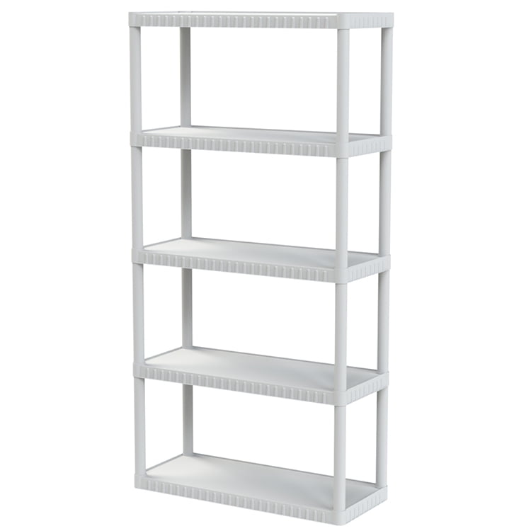 Tough Shelf 5 Tier 14x34 Solid Plastic Shelving Unit, White in color; holds up to 75 lbs. per