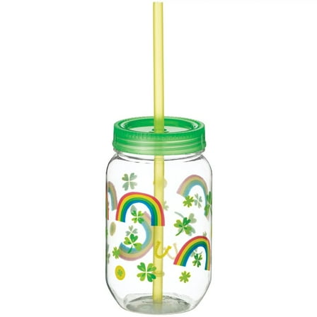 Rainbow and Clovers 16 oz Plastic Mason Cup and Straw