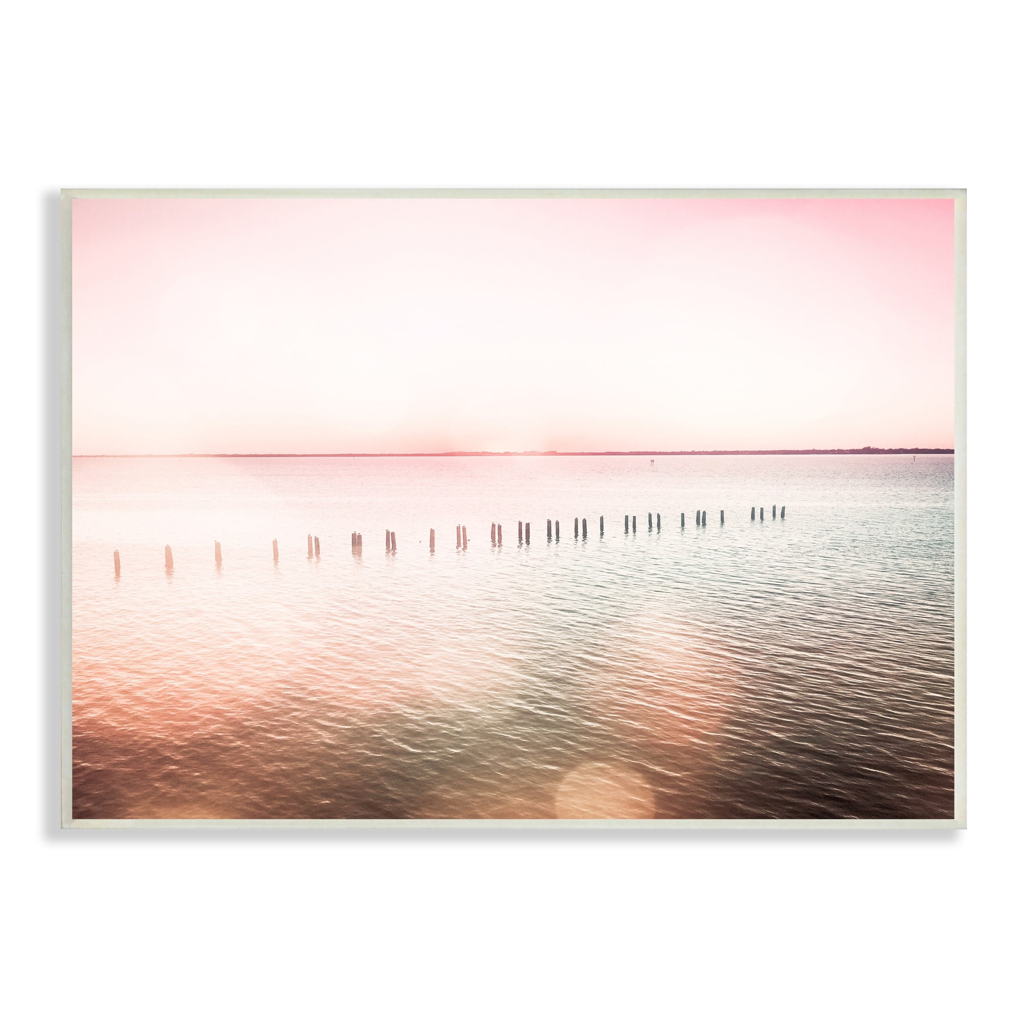 Stupell Industries Sunny Pink Ocean Posts Horizon Round Light Rays Wood Wall Art, 15 x 10, Design by Amy Brinkman