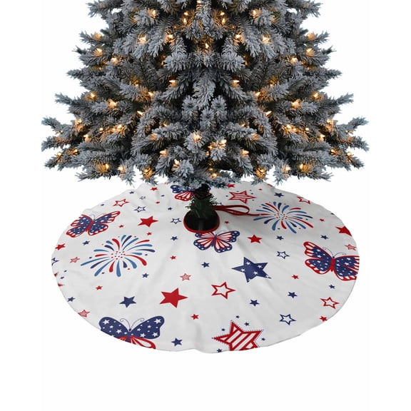 4th of July Christmas Tree Skirt 48 Inches Large Christmas Skirt Tree, Butterfly Star Blue Red Fireworks Independence Day Tree Skirt Christmas Decorations for Fireplace Party Holidays Indoor Outdoor