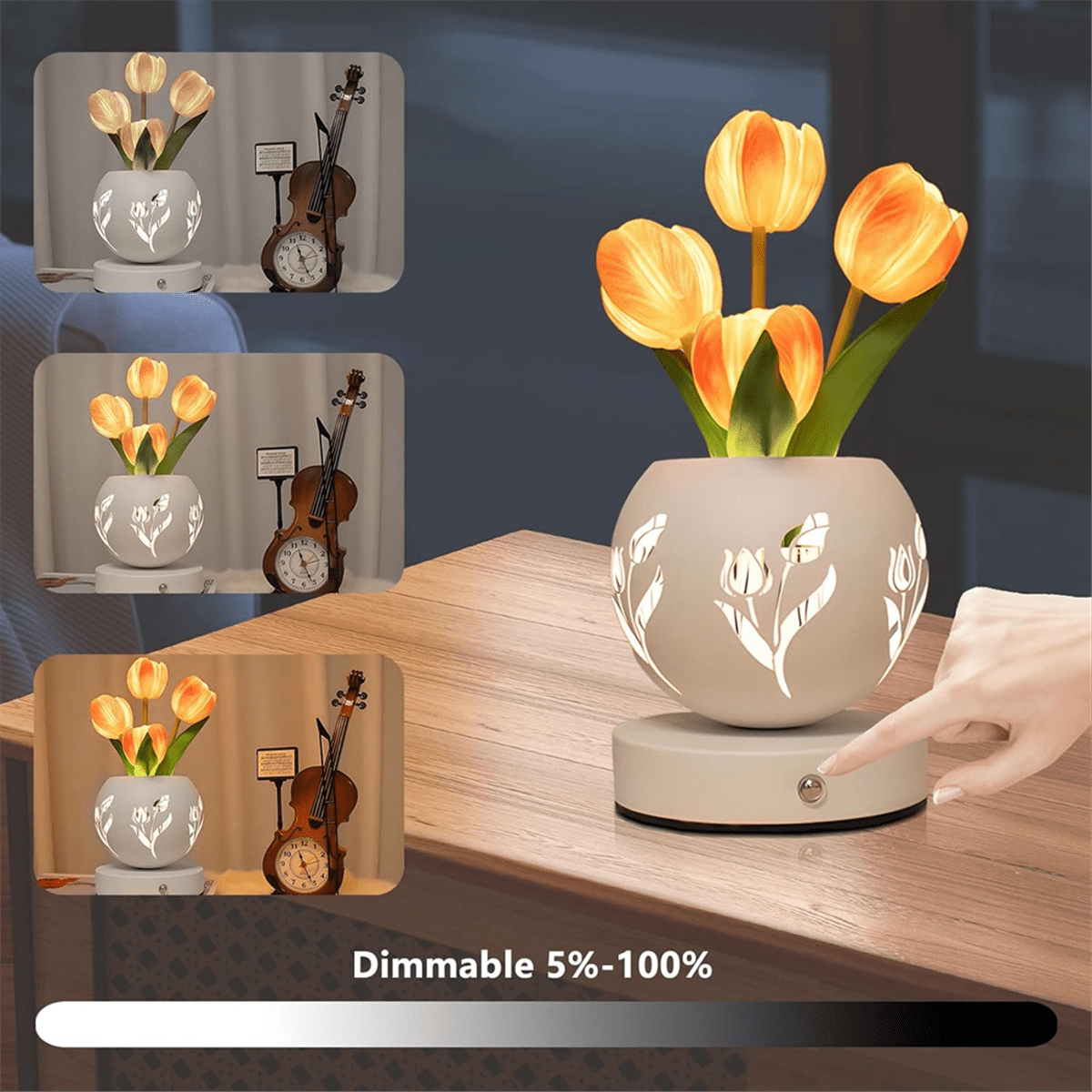Tulip Night Light Artificial Flower Desk Lamp with Cut-Out Vase USB Charging 3 Color Stepless Dimmin Orange&White PU+Iron Art