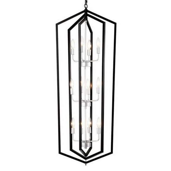 12-Light Farmhouse Kitchen Chandeliers, Matte Black and Sliver Vintage Rustic Cage Light Fixture Adjustable Height Chandeliers for Dining Room Hallway Foyer Entryway(E12 Bulbs Not Included)
