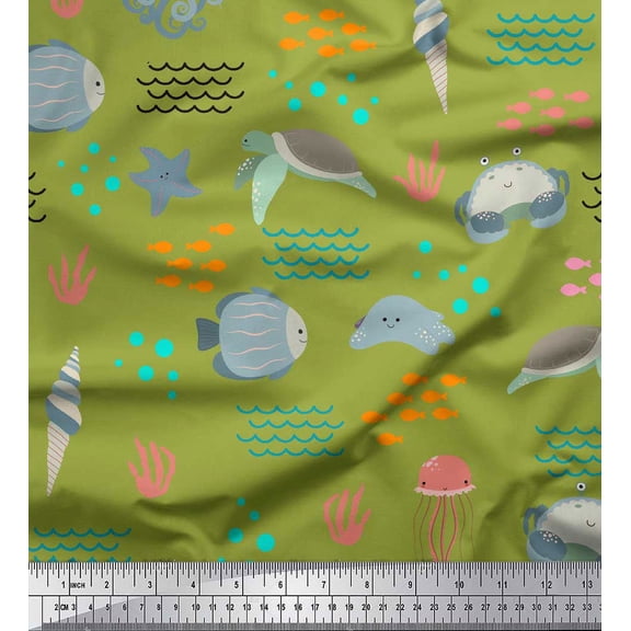 Soimoi Green Cotton Duck Fabric Crab & Tortoise Ocean Printed Craft Fabric by the Yard 44 Inch Wide