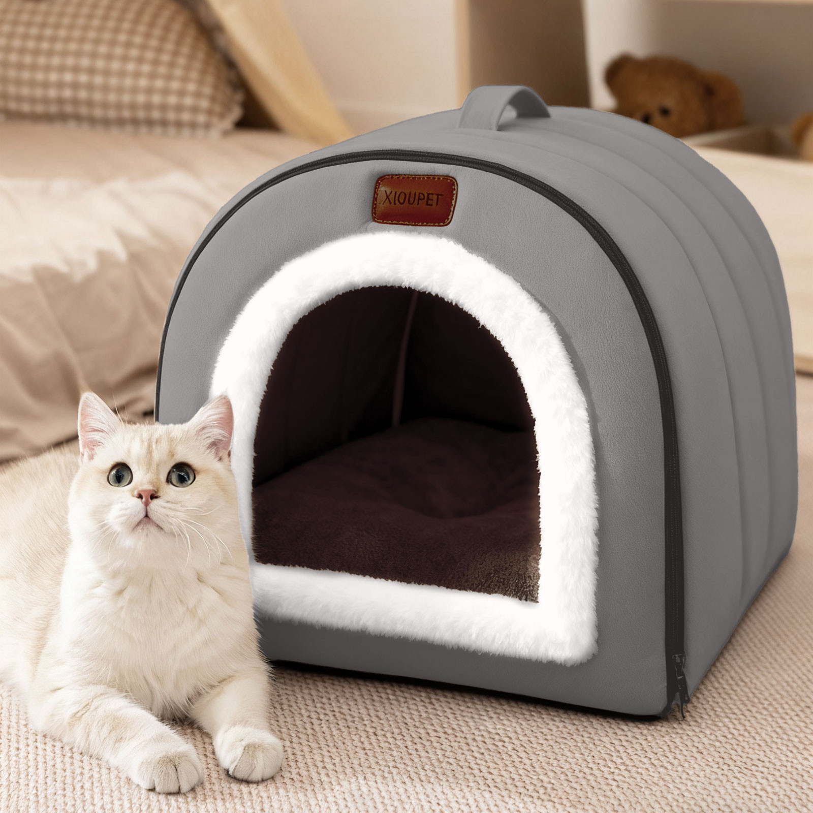 Warm Deep Sleeping Orthopedic Cat Bed Enclosed Indoor Tent with Removable Washable Cushion for All Seasons