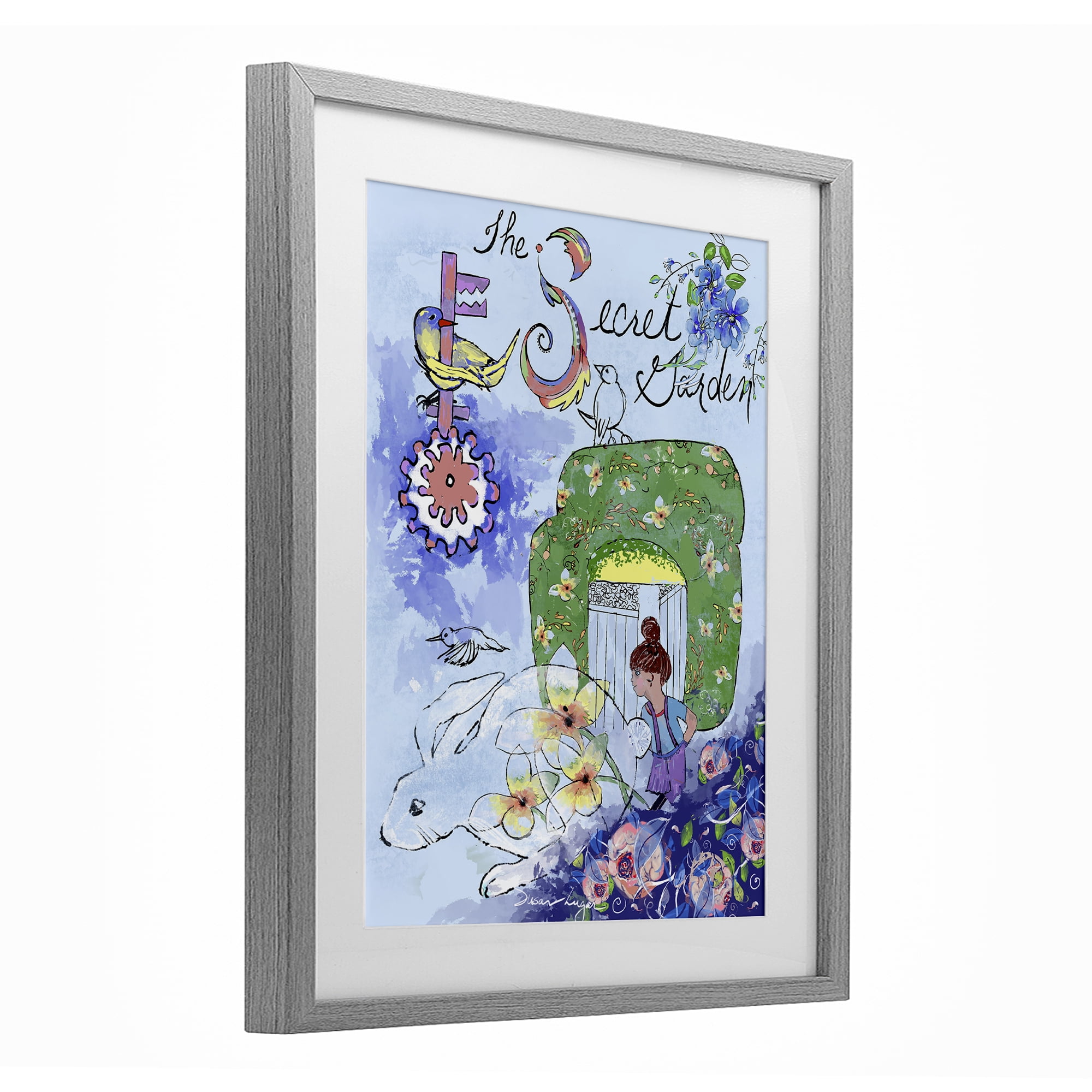 Stupell Industries Secret Garden Folk Illustration Gray Framed Print Under Glass, design by Susan Lugar