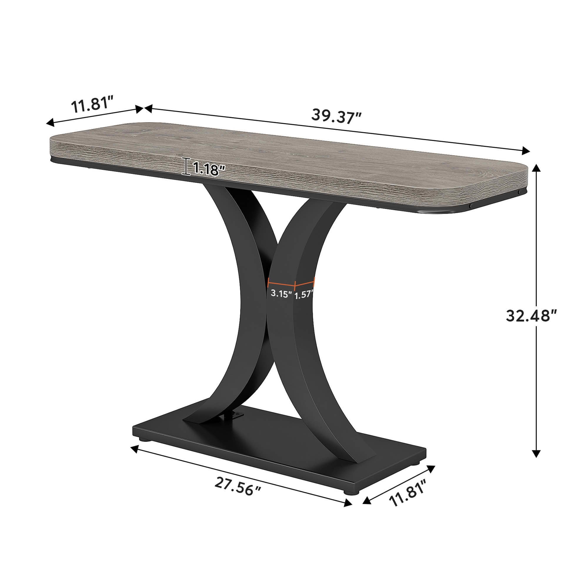 MAYEERTY 40 Inch Modern Industrial Narrow Console Table, Curved Wood Top Geometric Black Metal Base Entryway Decor Table