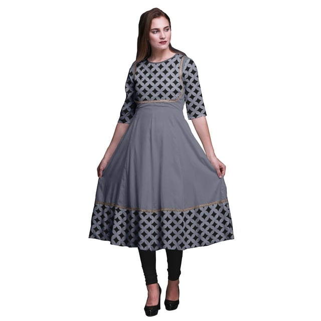 Bimba Robe Anarkali Grise à Pièces, Courbe Géométrique, Imprimé Diamant, Longue Robe Maxi, Kurtis Indiennes pour Femmes, Kurti Ethnique, XX-Grand