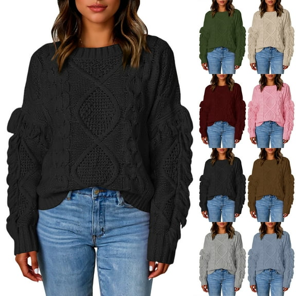Women's Chunky Cable Knit Sweater Oversized Crewneck Long Sleeve Pullover (Army Green, L)