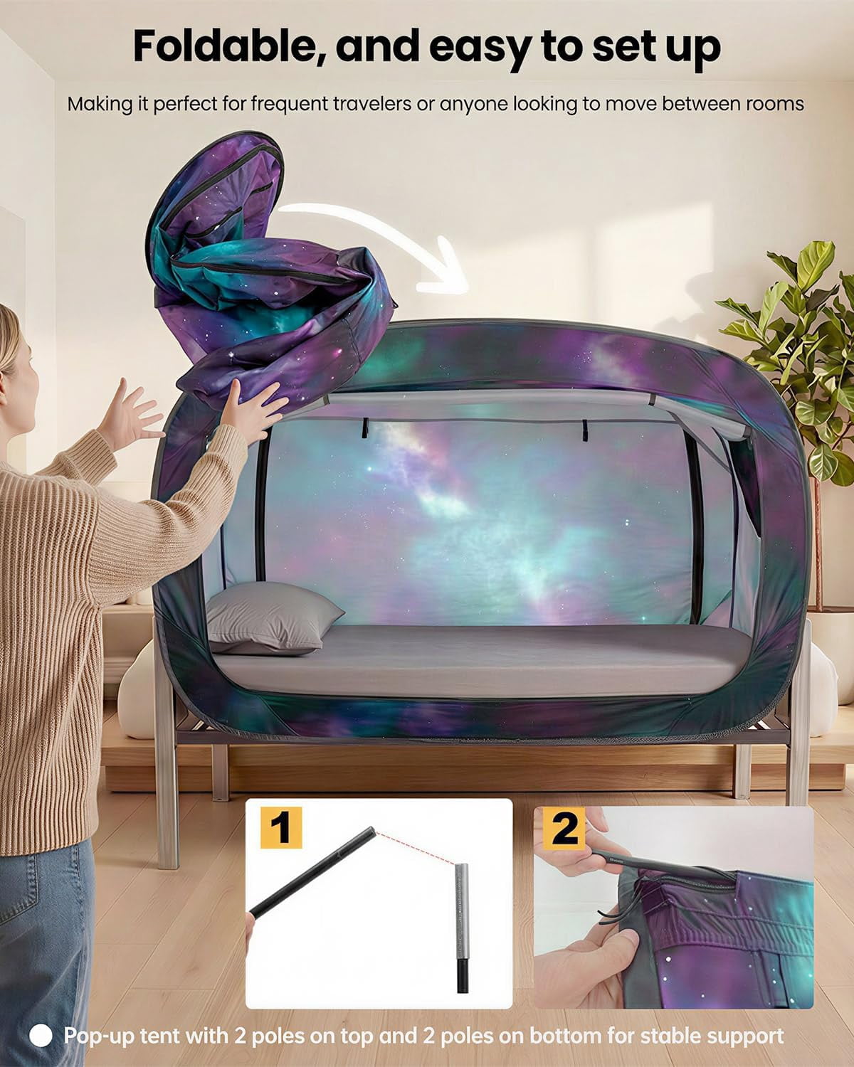 Bed Tent Twin Bed Canopy Portable Dream Tent for Adult Indoor Sleeping Tents with 2 Doors Breathable Private Space Tents, Galaxy