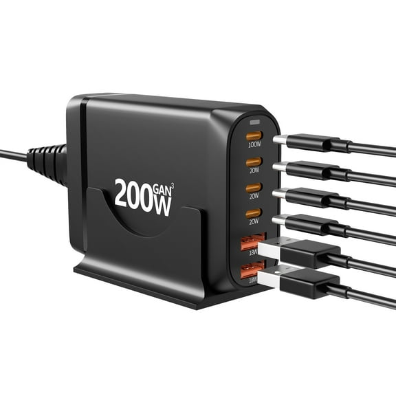 200w Gan Charger Desktop Multiple Charger Station with 6 USB PD 3.0 Ports for Smartphones & Laptops Charging Stations