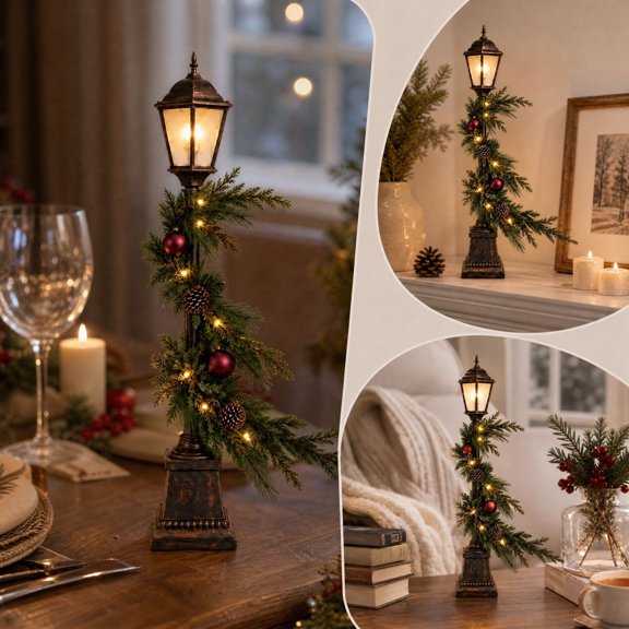YingYouFu Vintage Street Lamp Ornament, Lighted Evergreen Tabletop Holiday Decor, Christmas Festive Decoration for Home Shelf Mantel Window Party