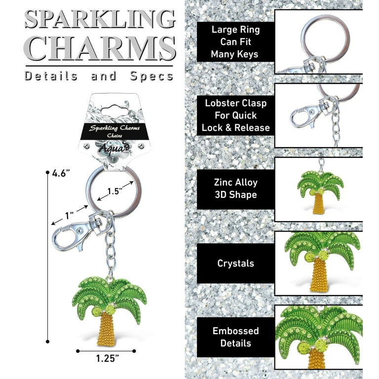 Aqua79 Sparkling Island Palm Tree Key Chain Charm Silver 3D Rhinestone Keychain for Women and Men Metal Alloy Crystal Bling Key Ring Holder with