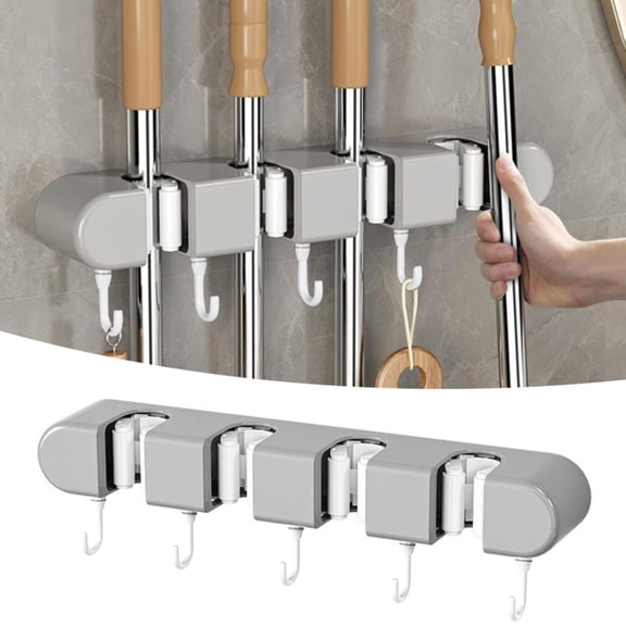 Clearance Household hooks under $5,Wall Mounted Mop Clamp With 5 Hooks Self Adhesive No Drill Mop Holder For Bathroom Kitchen Garden Garage Mop And Holder Mop Holder Anti Slip Hook 1PC