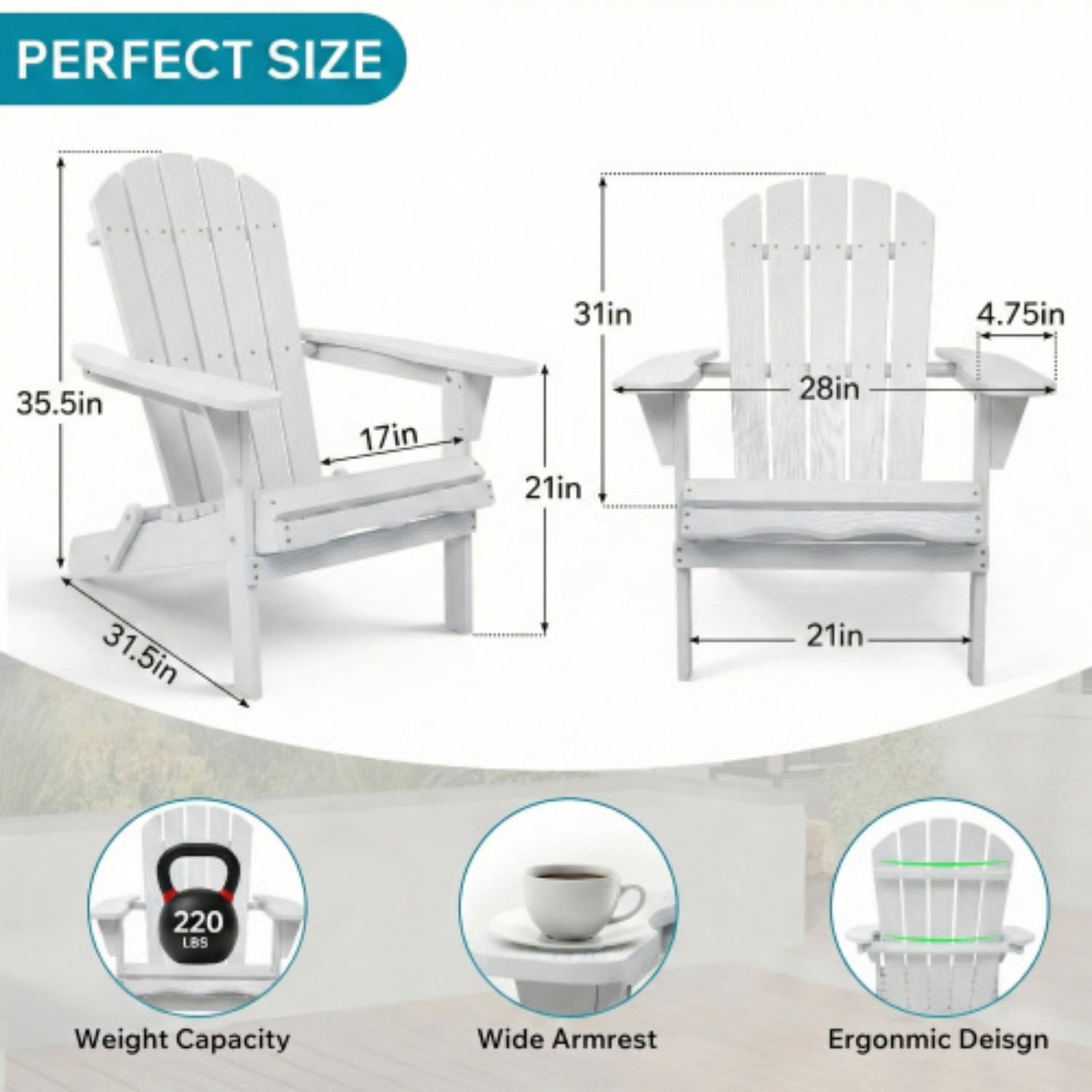 Wooden Adirondack Chair, Outdoor Folding Patio Lounge Chair with Embossed Wood Grain, Solid Hemlock Wood Chair for Garden, Deck, Porch, Pool, White