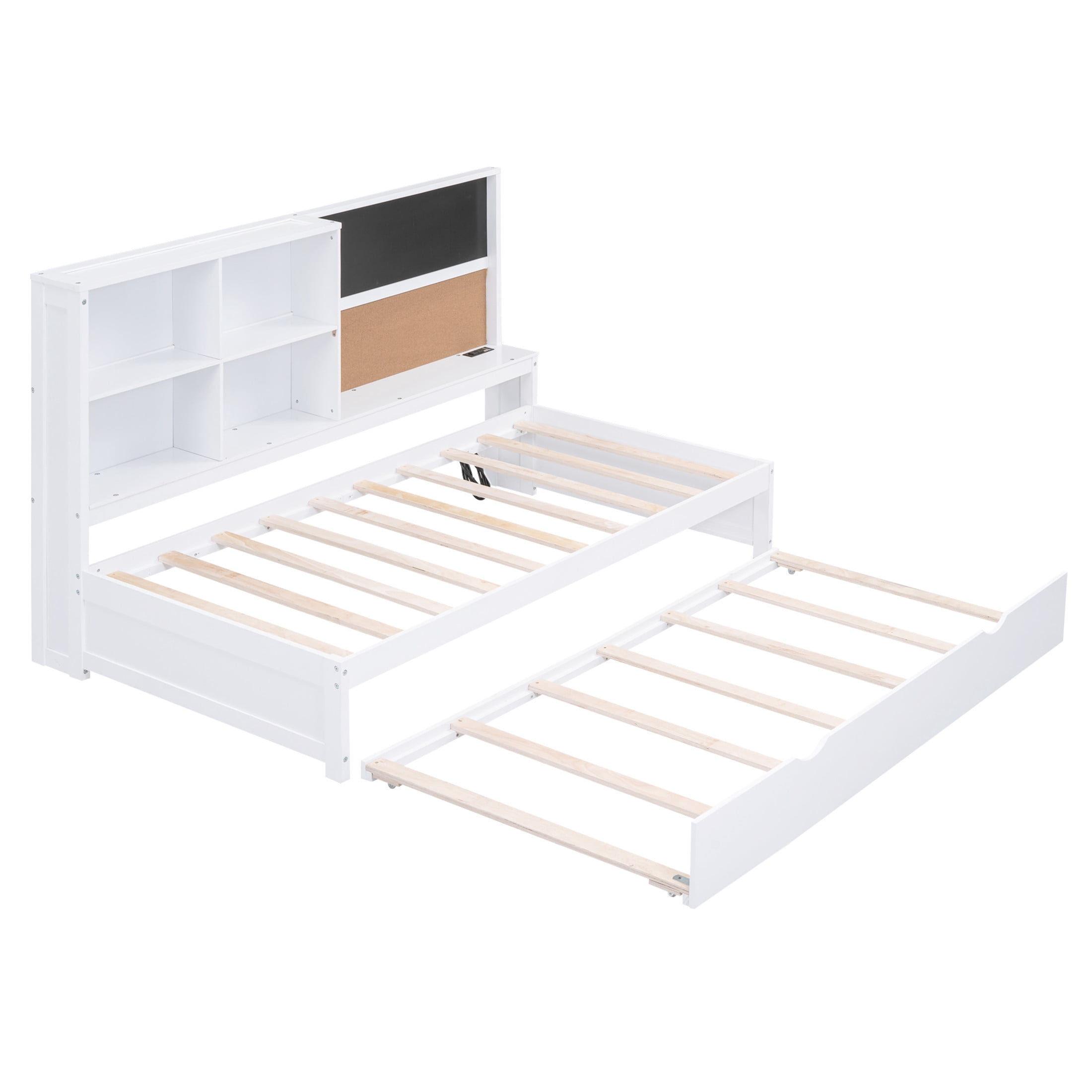 Noble House Alver Twin Daybed with Storage Shelves, Blackboard and Cork Board, USB Ports, Twin Trundle, White