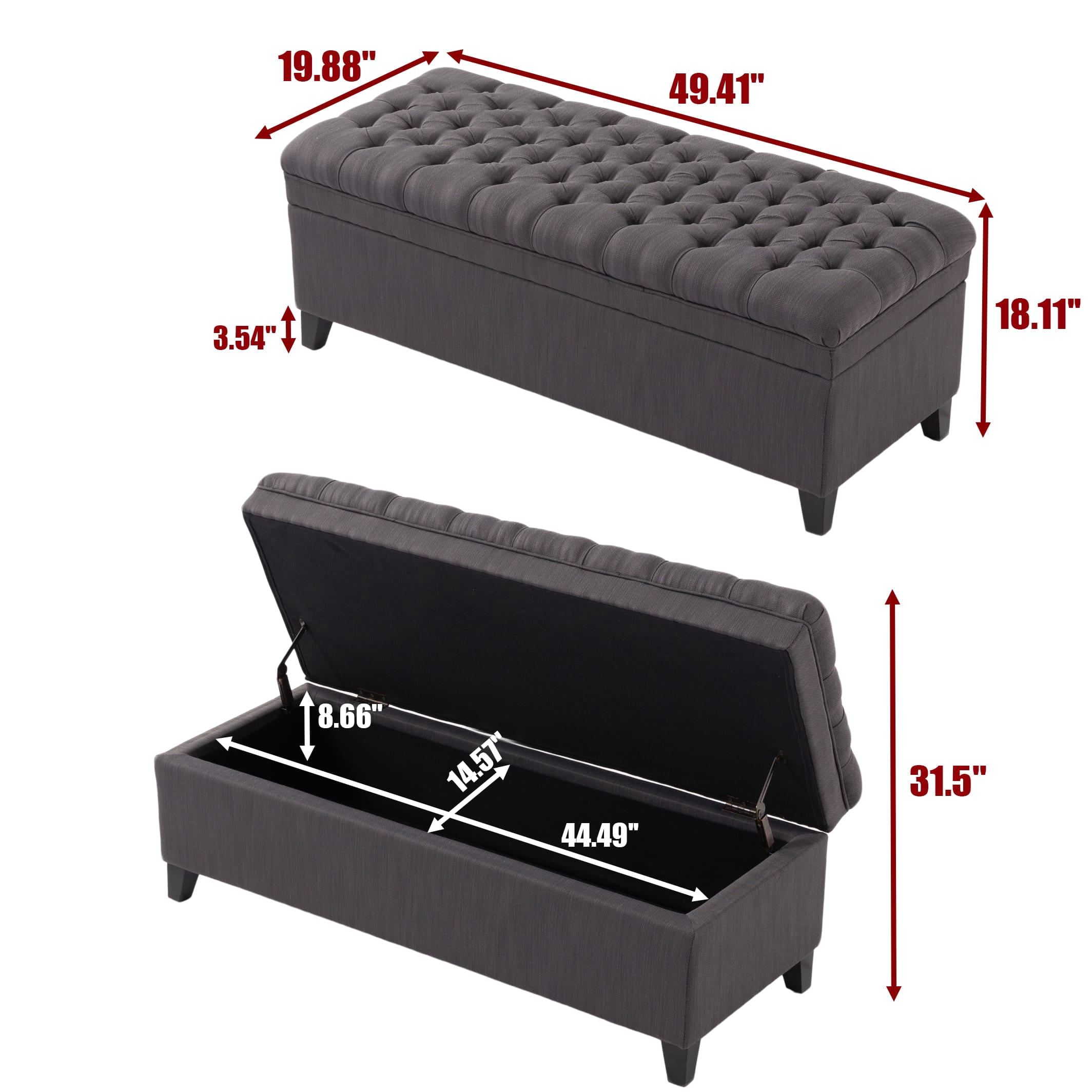 Gewnee 49.41" Flip Top Storage Bench Linen Upholstered Entryway Bedroom Living Room Dark Grey