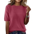 thumbnail image 2 of Qwertyu Short Sleeve Sweaters for Women Crew Neck Eyelet Knit Summer Tops 2026 Trendy Beach Vacation Clothes Business Casual Clothes Hot Pink XL, 2 of 6
