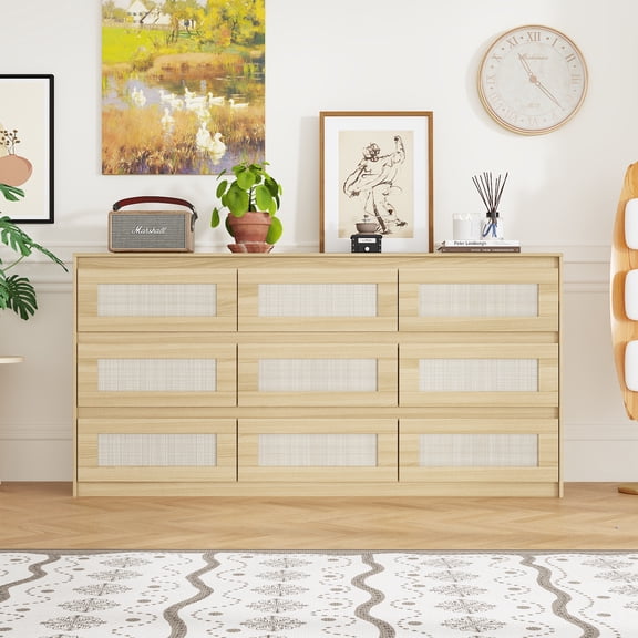 KULAGAGA Rattan Dresser with 9 Drawers, Chest of Drawers 9 Drawer Chest, Rattan Fronts, No Handle Design, Dresser for Bedroom Natural 63”W x 15.7”D x 31.9”H