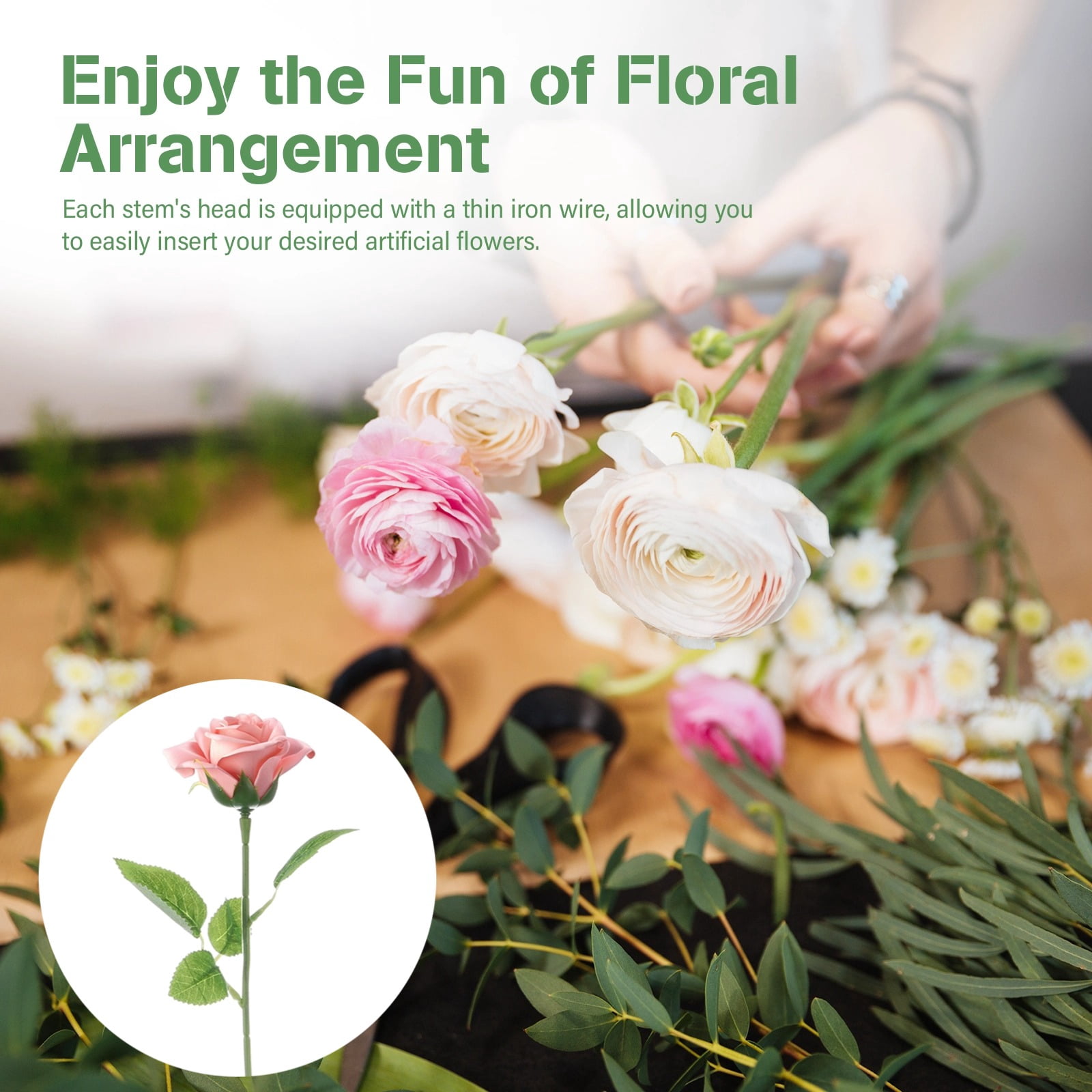 100 Pcs Rose Stems with Leaves,Fake Flower Stems,Faux Green Leaves Stems,Floral Arrangement Supplies,DIY Artificial Flowers Tools for Bouquet Wedding Party