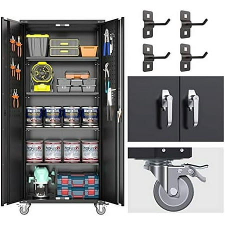 

AYFDEGT Garage Cabinets with Wheels 72 Metal Lockable Cabinet with Adjustable Shelves & Pegboard& Hooks for Garage Office Classroom Warehouse&Utility Room(Black)